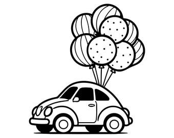 Cute Car with Balloons SVG PNG, Retro Beetle Outline, Birthday Party Clipart for Cricut, Silhouette, Celebration Line Art, DIY Coloring Page