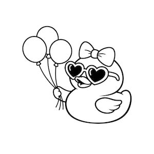 May include: A black and white cartoon duck wearing heart-shaped sunglasses and a bow, holding three balloons. The duck is smiling and has a wing extended. The balloons are round.