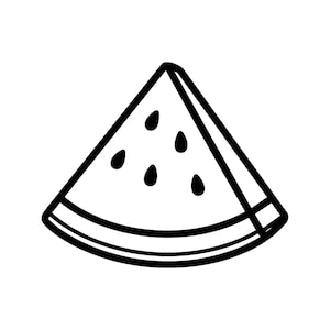May include: A black and white illustration of a watermelon slice. The triangular slice has a white interior with black seeds and a black rind. The image is a simple, graphic design.