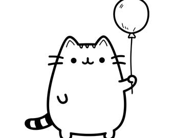 Cute Cat with Balloon SVG PNG, Kawaii Kitty Outline, Birthday Cat Clipart for Cricut, Silhouette, Celebration Line Art, DIY Coloring Page