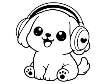 Kawaii Puppy SVG, Cute Dog PNG, Puppy  Bold Outline, Coloring Page, Line Art Illustration for DIY, Cricut, Silhouette Cut File