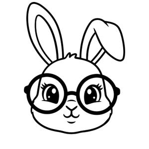May include: A black and white cartoon illustration of a bunny's face wearing round spectacles. The bunny has large eyes with eyelashes and long ears. The image is a simple drawing.