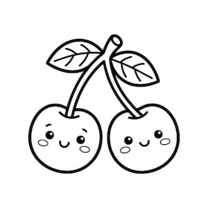 May include: A black and white cartoon illustration of two cherries with smiling faces. The cherries are joined by a stem with two leaves. The design features bold outlines, giving it a playful look.