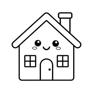 Può includere: Disegno a tratto nero e bianco di una casa con un volto sorridente. La casa ha un camino, due finestre e una porta. Il tetto è triangolare.