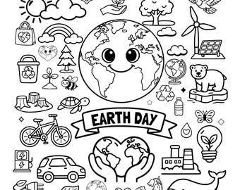 Earth Day SVG Bundle, Save The Planet PNG, 72 Outline Clipart, Kawaii Earth, Line Art, Cricut Cut File, Coloring Pages, Classroom Activities