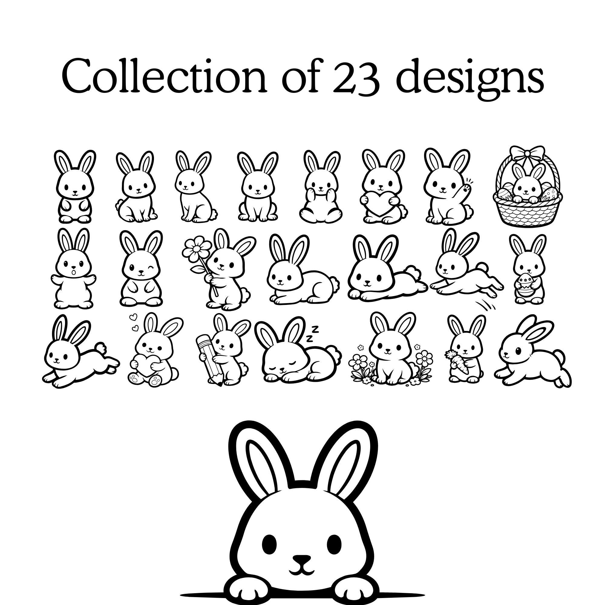 Cute Bunny Bundle SVG PNG, Simple Rabbit Outline, Kawaii Animal Clipart ...
