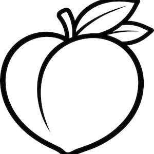 Puede incluir: Un dibujo lineal en blanco y negro de un melocotón. El melocotón tiene forma redondeada con una línea curva en el centro. Dos hojas y un tallo están en la parte superior del melocotón.