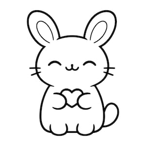 Op de afbeelding: Zwart-wit cartoon illustratie van een lachend konijn met een hart. Het konijn heeft grote oren, snorharen en is getekend met dikke contouren. Het hart is ook zwart omlijnd.