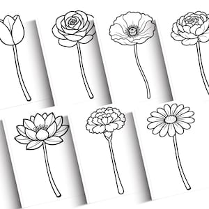 May include: Black and white line drawings of various flowers, including a tulip, rose, poppy, and daisy. Each flower is depicted with a long stem, perfect for coloring or crafting projects. The images are on individual white cards.