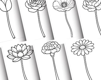 7 Flower SVG Bundle, Single Stem Floral Set, Tulip Rose Peony Daisy Lotus Poppy Carnation, Paper Cut Template, DIY Mother’s Day Card