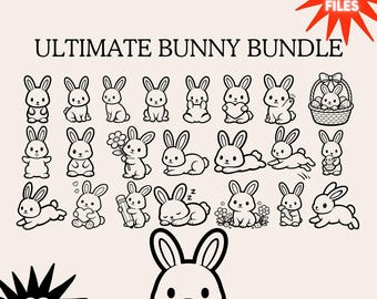 Cute Bunny Bundle SVG PNG, Simple Rabbit Outline, Kawaii Animal Clipart for Cricut, Silhouette, Line Art, DIY Coloring Page
