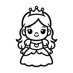 Puede incluir: Ilustración de dibujos animados en blanco y negro de una princesa. La princesa tiene pelo largo y ondulado, una corona y un vestido con un detalle en forma de corazón. La imagen tiene un diseño simple y limpio.