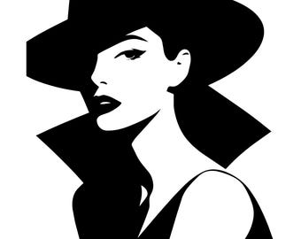 Fashion Woman Silhouette SVG, Elegant Lady in Hat Wall Art, Noir Style Woman Portrait Cut File for Cricut, Modern Minimalist Beauty Clipart