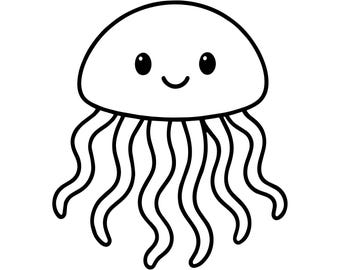 Kawaii Jellyfish SVG PNG, Cute Sea Animal Outline Clipart, Ocean Nursery Line Art for Cricut, Silhouette, Minimalist Jellyfish Cut File