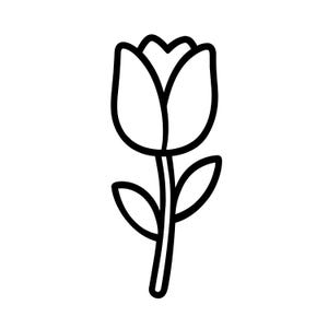 Könnte beinhalten: Eine Schwarz-Weiß-Strichzeichnung einer Tulpenblume. Die Blume hat einen großen, abgerundeten Kopf mit drei Blütenblättern und zwei Blättern. Der Stiel ist lang und gerade.