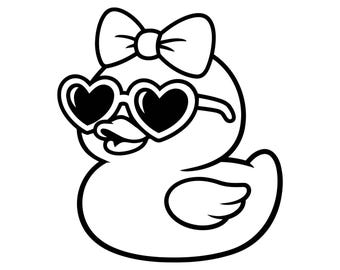 Cute Duck with Heart Sunglasses SVG, Cool Rubber Duck Outline PNG, Summer Bird Silhouette, Trendy Sticker Digital Download