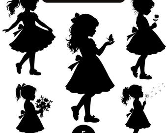 Little Girl Silhouette SVG Bundle, Whimsical Girl with Butterfly PNG Clipart, Kids Shadow Cut File for Cricut, Nursery Wall Art DIY