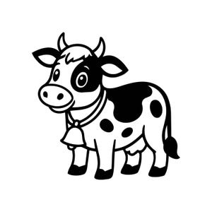 Op de afbeelding: Zwart-wit cartoon illustratie van een koe. De koe heeft zwarte vlekken, een bel om de nek en kleine hoorns. De koe staat en kijkt naar links.