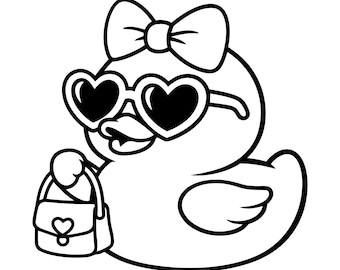 Cute Duck with Handbag SVG PNG, Kawaii Lady with Heart Glasses Clipart, Fun Animal Line Art, Fashion Girl Cut File,  Coloring Page PDF
