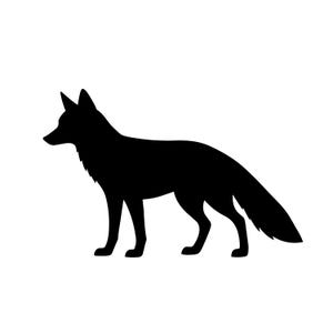 May include: A black silhouette of a fox in a side profile. The fox is standing with its tail extended. The image is a simple, graphic illustration of the animal.