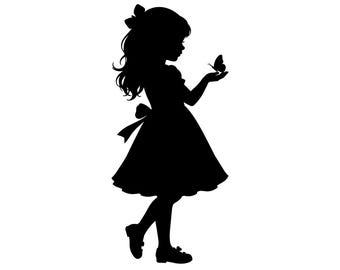 Little Girl Silhouette SVG PNG Bundle, Cute Whimsical Girl with Butterfly, jpg, pdf, eps, ai, dxf, vector, Laser Cut, Cricut Cut file