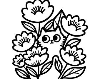 Whimsical Cat in Flowers SVG PNG, Cute Kitten Hide and Seek Clipart, Happy Cat Silhouette for Cricut, Floral Garden Cut File, Coloring Page