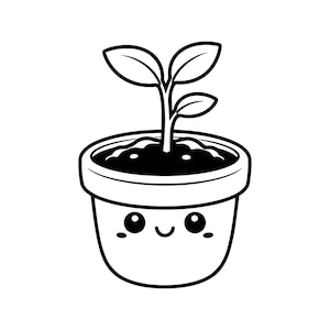 Puede incluir: Ilustración en blanco y negro de una planta en maceta con una cara sonriente. La planta tiene dos hojas grandes y una más pequeña. La maceta es redonda con la parte superior llena de tierra.