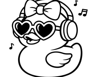 Cute Duck with Headphones SVG PNG, Kawaii Music Ducky Outline Clipart, Heart Sunglasses Duck, DJ Duck Cut File, Nursery Tech Decor diy