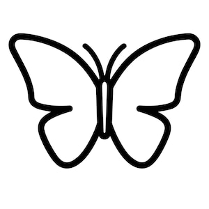 以下が含まれることがあります： 蝶の白黒線画。蝶は、丸みを帯びたエッジとシンプルで様式化されたデザインの、大きく対称的な翼を持っています。触角は細く湾曲しています。