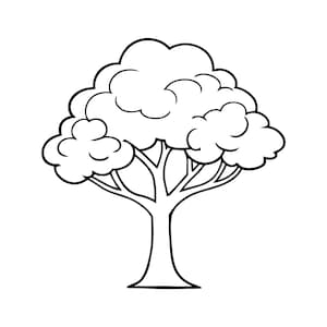 Könnte beinhalten: Schwarz-Weiß-Illustration eines Baumes. Der Baum hat einen dicken Stamm und mehrere Äste, die eine volle, abgerundete Baumkrone tragen. Die Blätter sind in einer wolkenartigen Form dargestellt.