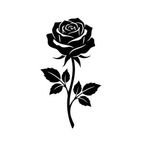 Könnte beinhalten: Eine einfarbige schwarze grafische Illustration einer einzelnen Rosenblüte mit detaillierter Blüte, einem schlanken Stiel und vier ausgeprägten Blättern. Das Design zeichnet sich durch kontrastreiche Silhouetten und klare Linien aus.