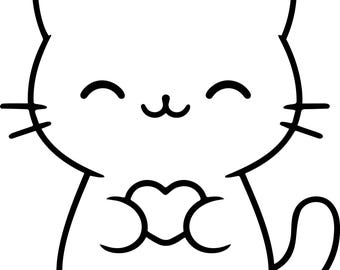 Kawaii Kitten Holding Heart SVG, Cute Cat PNG, Kitten Outline Svg, Cat with Heart Design,  Line Art Illustration for DIY, Cricut Cut File