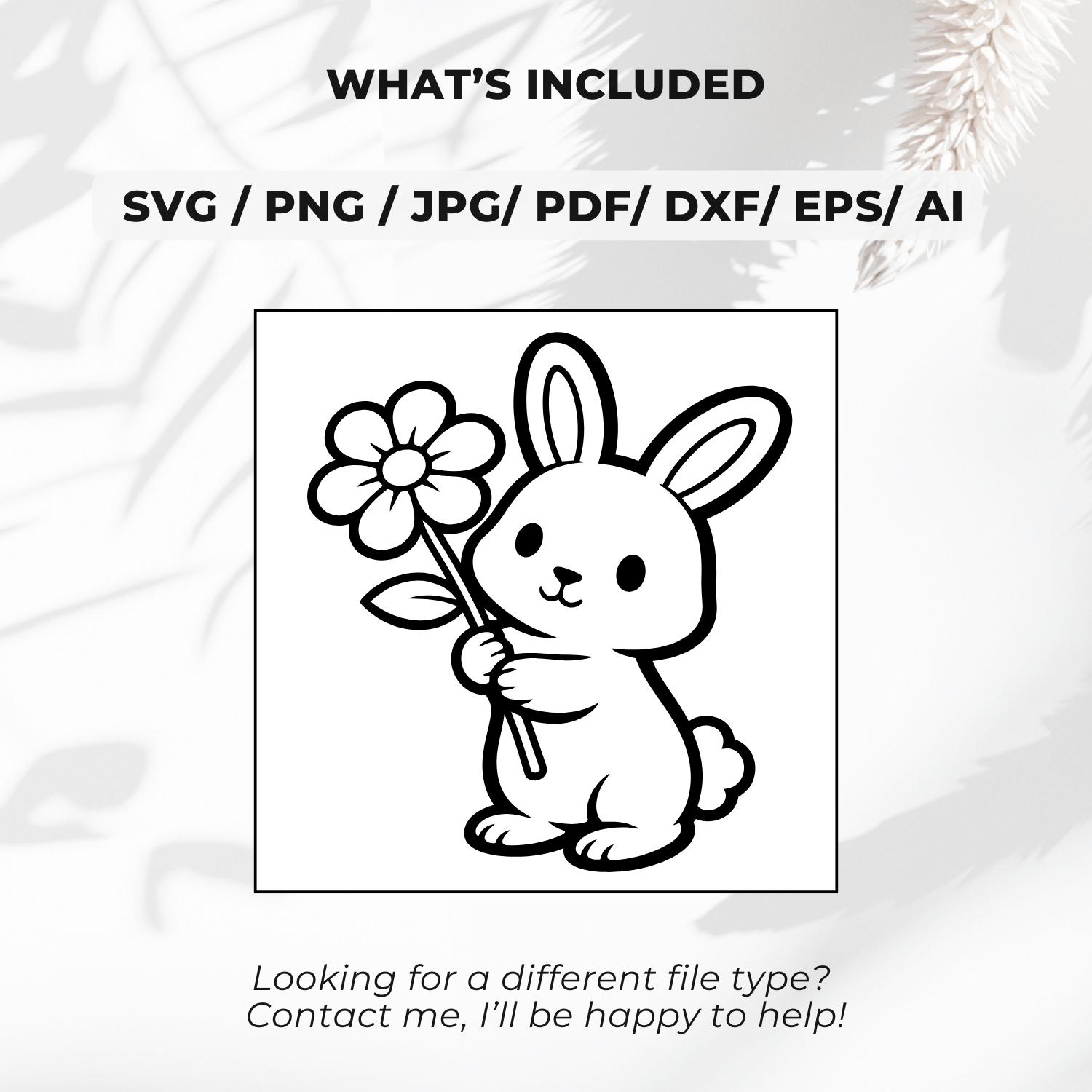 Cute Bunny With Daisy SVG PNG, Simple Rabbit Outline, Kawaii Animal ...