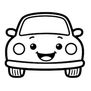 May include: A black and white cartoon car with a smiling face. The car has large headlights, a windshield, and wheels. The design is simple and friendly, suitable for children's products or educational materials.