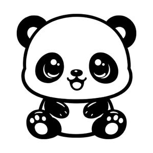 Puede incluir: Un oso panda de dibujos animados en blanco y negro con ojos grandes y expresivos y una boca sonriente. El panda está sentado, con sus patas y orejas claramente definidas. La imagen tiene un diseño limpio y minimalista, ideal para productos infantiles o decoración de guarderías.