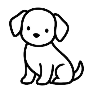 Puede incluir: Ilustración de dibujos animados en blanco y negro de un cachorro sentado. El perro tiene orejas grandes y caídas, una cola pequeña y una expresión linda. La imagen es un diseño limpio y minimalista.