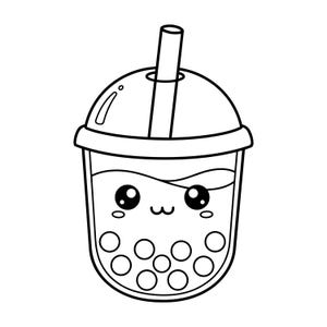 Puede incluir: Ilustración en blanco y negro de un bubble tea con una cara sonriente. La bebida tiene un vaso transparente con una tapa de cúpula, una pajita y varias perlas de tapioca en el fondo. La bebida tiene un diseño lindo y de dibujos animados.