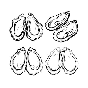 May include: Black and white line art illustration of oysters. The image shows four pairs of oysters in various open and closed positions. The oysters have detailed outlines and interior lines, creating a realistic depiction of the seafood.