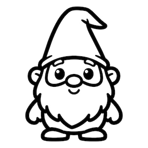 May include: A black and white cartoon illustration of a garden gnome. The gnome has a large white beard, a pointed hat, and round glasses. The gnome is smiling and has its arms at its sides.