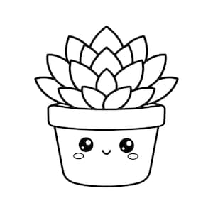 May include: Black and white illustration of a succulent plant in a pot. The pot has a cute face with large eyes and a smiling mouth. The plant has layered leaves.