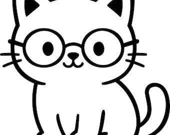 Kawaii Kitten with Glasses SVG, Cute Cat Line Art, Kitten Outline PNG, Bold Line Art For Crafts, Illustration for DIY, Cricut, Cut File