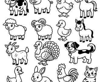 Farm Animals Bundle SVG PNG, Cute Farm Animal Cut Files, Cartoon Farm Clipart for Cricut, Silhouette, Coloring Pages PDF, Kids Crafts