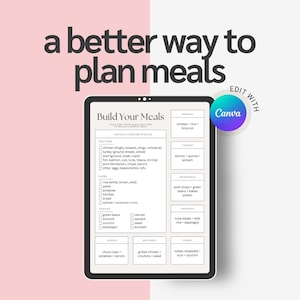 May include: A digital meal planner on a tablet with the text "Build Your Meals". The planner includes sections for proteins, grains, veggies, and daily meal planning. The background is a light pink and white.
