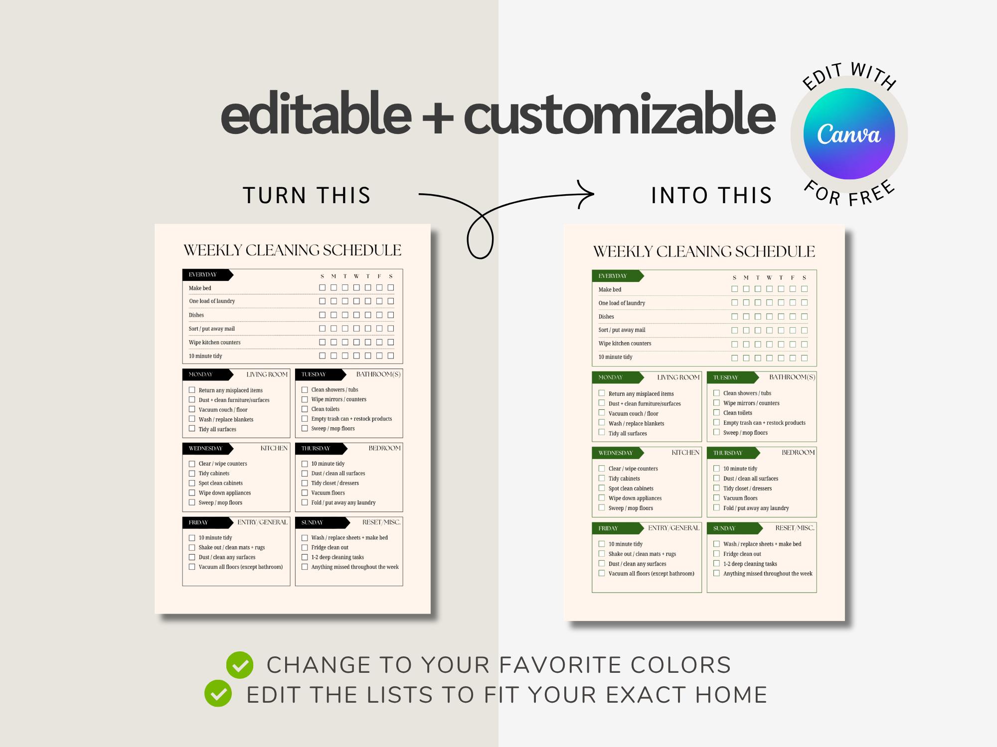 Weekly Cleaning Schedule Template | Editable Home Cleaning Checklist ...