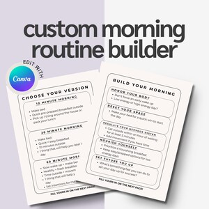 Könnte beinhalten: Zwei druckbare Anleitungen zum Erstellen einer individuellen Morgenroutine. Die Anleitungen zeigen schwarzen Text auf weißem Hintergrund mit Überschriften wie "Wähle deine Version" und "Baue deinen Morgen auf". Das Canva-Logo befindet sich oben links.