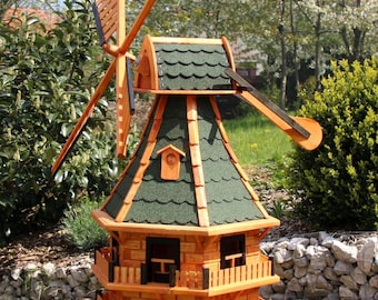Moinho de vento de jardim XXL de 150 cm, feito de madeira com janelas de sótão e iluminação solar, branco – 3 andares, giratório, telhado de betume (WMS21.1)