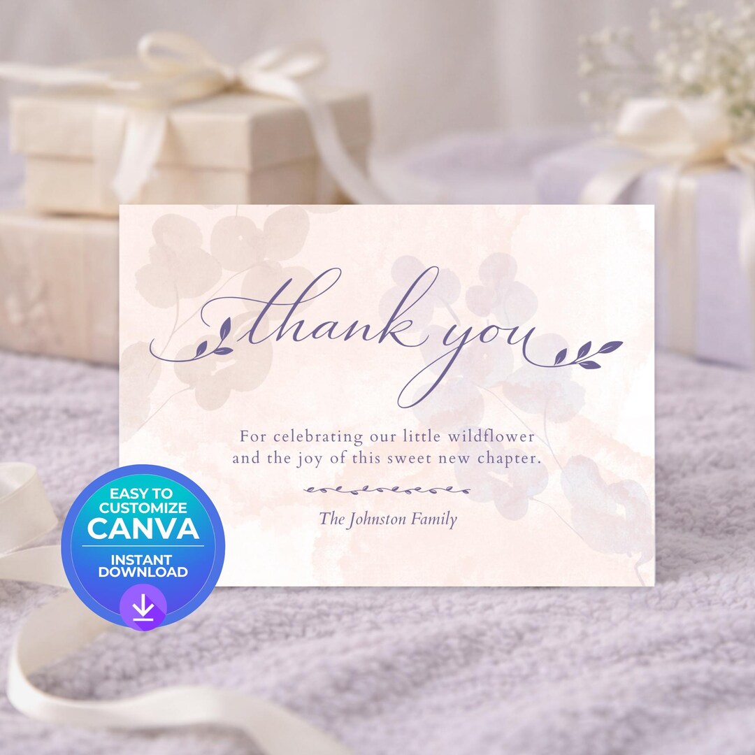 Wildflower Baby Thank You Card Template, Lavender Floral Editable Canva ...
