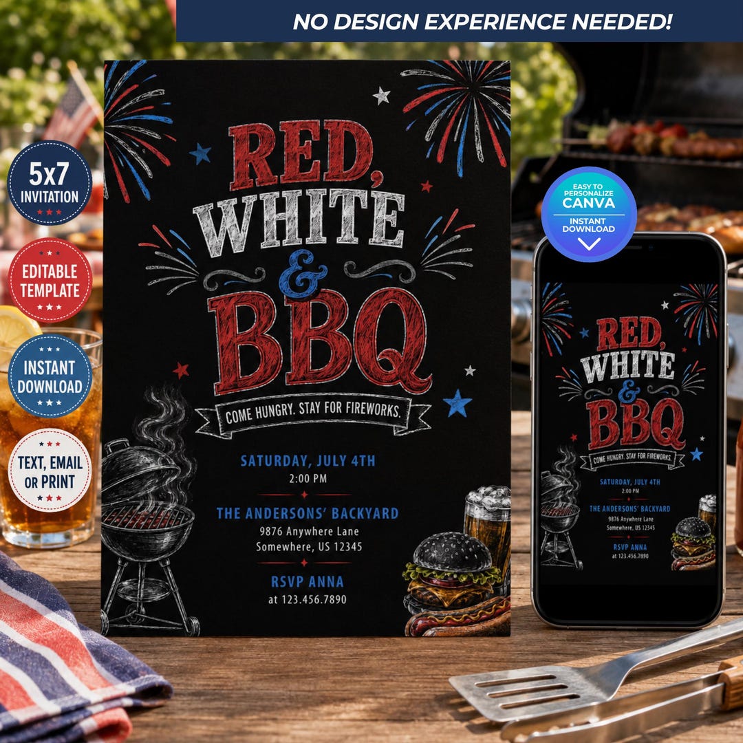 Editable 4th of July BBQ Invitation Template, Red White and BBQ Summer ...