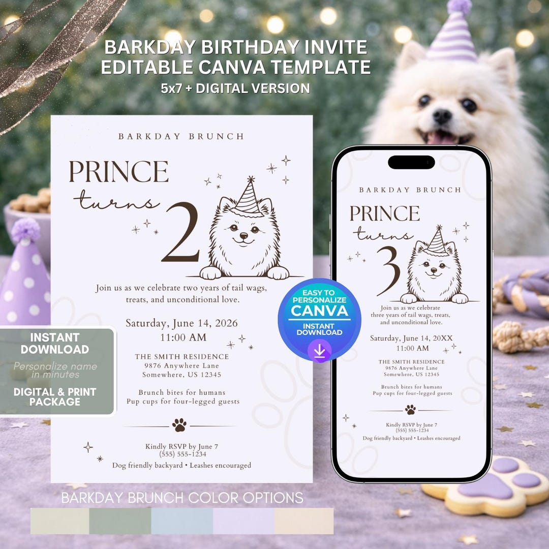 Pomeranian Dog Birthday Invitation Template, Editable Canva Puppy Party ...