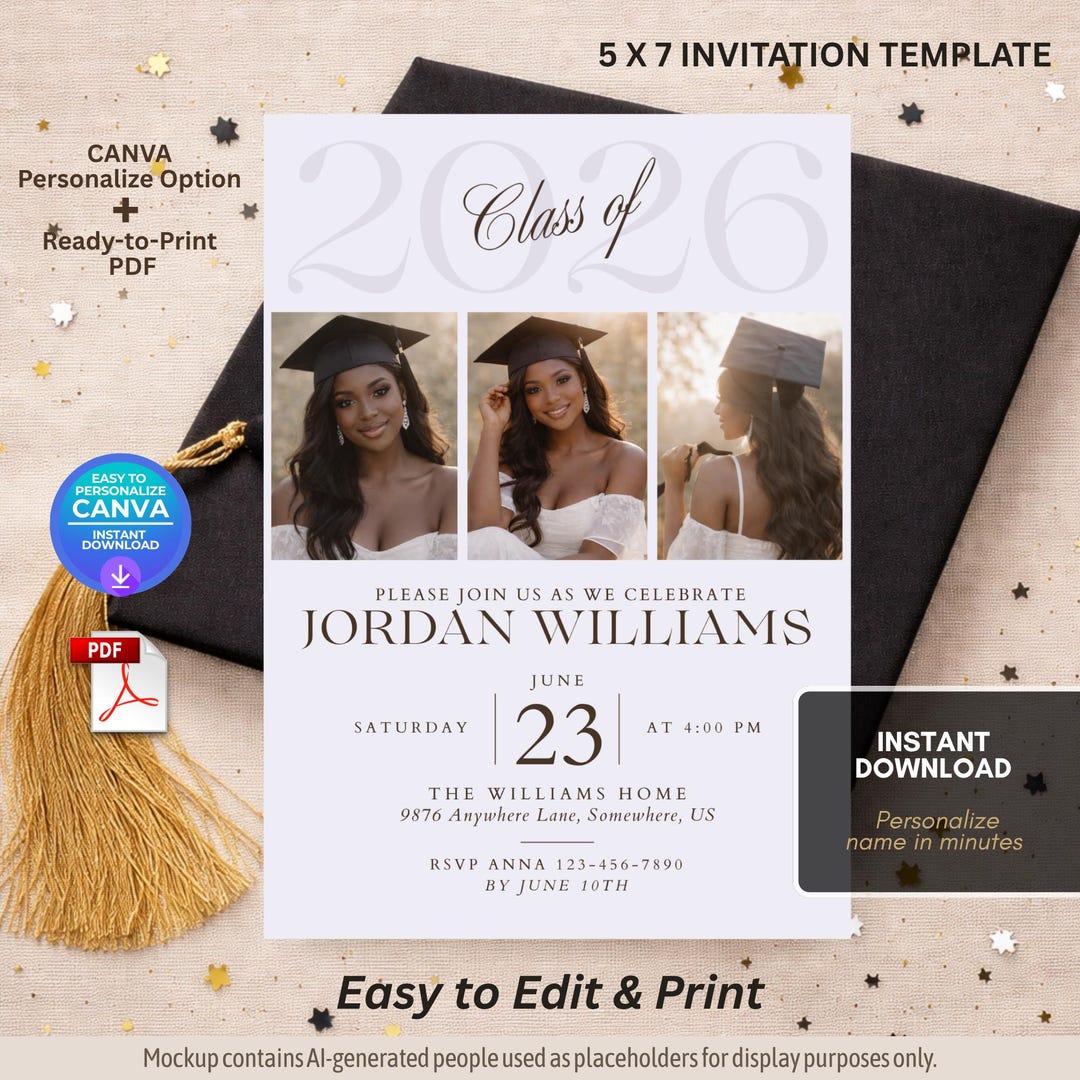 Editable Graduation Invitation Template, Lavender Photo Grad Invite ...